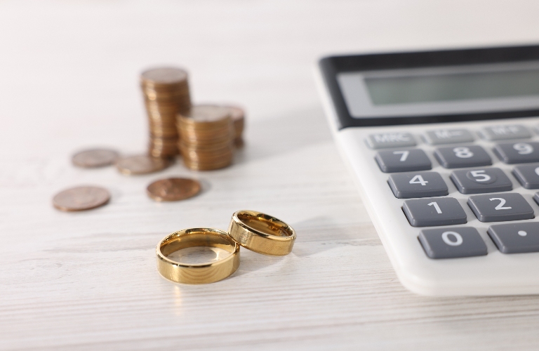 Wedding rings, coins and calculator