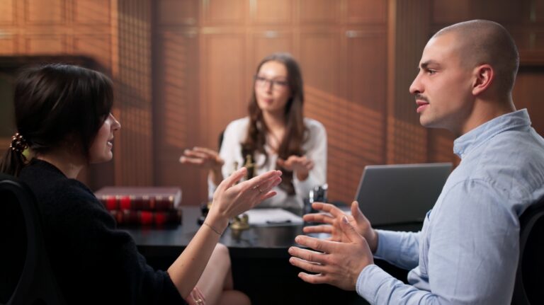 Young lawyer resolving family dispute in court